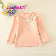 Factory in-stock supply solid colors undershirts long sleeves girl undershirt floral appliqued Girls Cotton eco-friendly Clothes